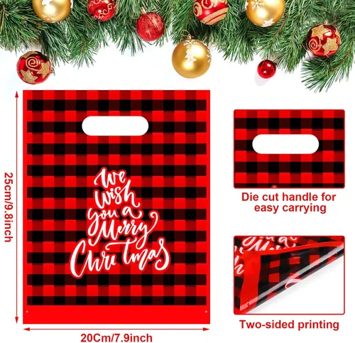 Miniatura 2 de Sadnyy Paquete de 100 bolsas de plástico para regalo de Navidad a granel, pequeñas bolsas de compras de Feliz Navidad, mercancía gruesa impresa al