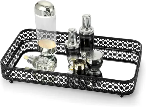 Miniatura 12 de ELLDOO Bandeja Dorada para Perfumes y Maquillaje - Almacenamiento de Joyas con Tallado Hueco, Organizador de Baratijas de Cristal y Metal para Dorado