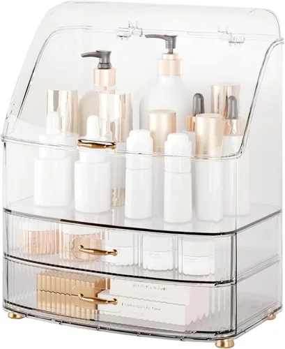 Miniatura 6 de Organizador de maquillaje para encimera de tocador con cajones, tapa transparente, impermeable y a prueba de polvo, almacenamiento de cosméticos