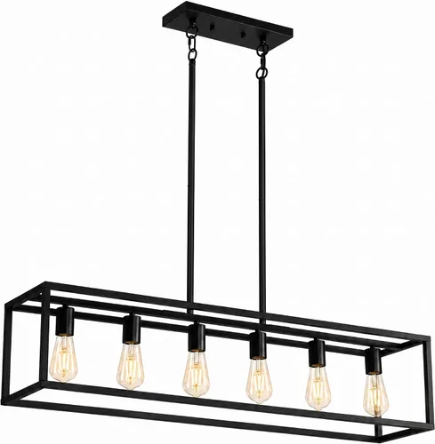 Miniatura 8 de Iluminación negra para isla de cocina, moderna lámpara rectangular de jaula lineal, 3 luces, lámpara colgante de metal industrial para granja