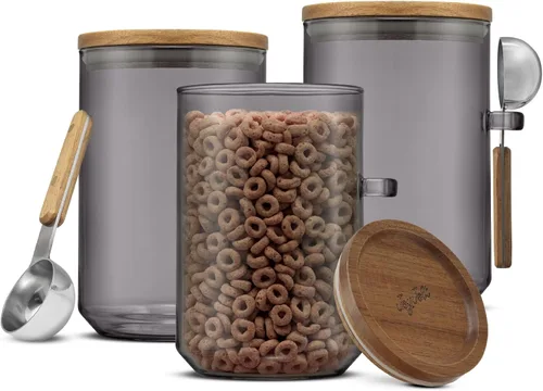 JoyJolt Holden - Recipientes apilables de vidrio de 32 onzas con tapas y cucharones, juego de 3 recipientes herméticos para alimentos con tapas de