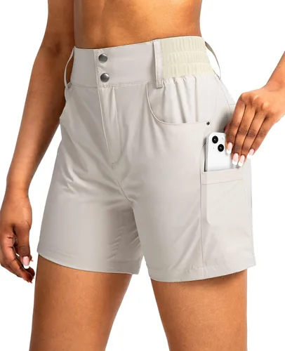 Miniatura 6 de Viodia - Pantalones cortos de senderismo de 5" para mujer, para golf con bolsillos, de cintura alta, elásticos, cargo, pantalones cortos para mujer