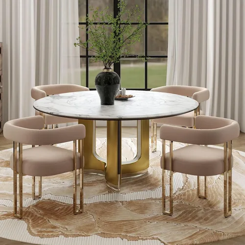 Miniatura 39 de Hyfirm Juego de 2 sillas de comedor de barril beige y dorado, modernas sillas tapizadas de terciopelo con respaldo curvado para isla de cocina