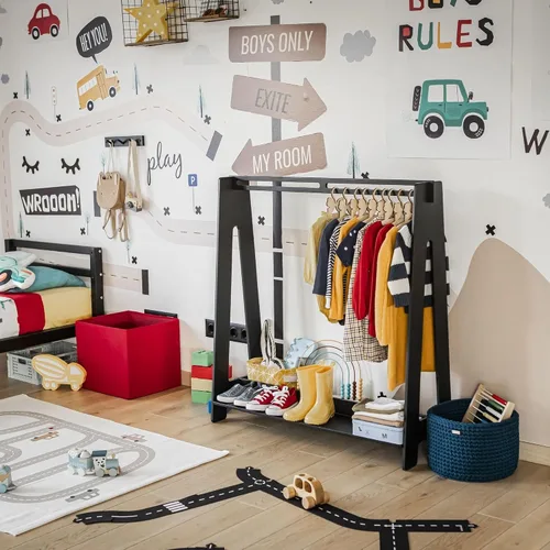 Sweet Home from wood Armario infantil – Perchero de madera con riel colgante y estante de exhibición para niños – Muebles de tocador DIY (negro)