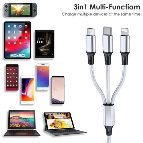Miniatura 6 de Puxnoin Cable de carga múltiple, paquete de 2 cables de carga multiteléfono de 10 pies, trenzado, universal, 3 en 1, cable de carga extra largo