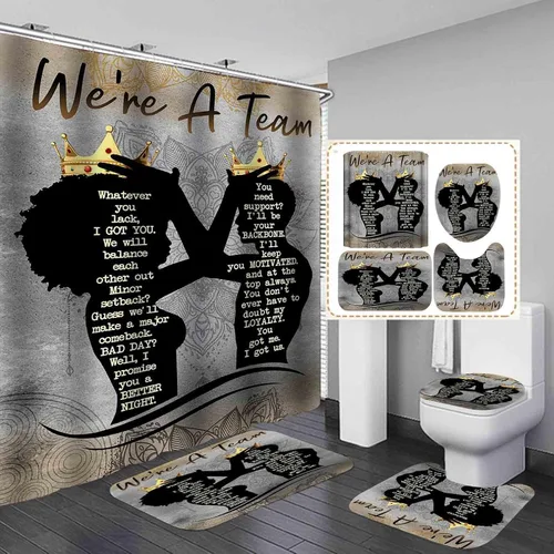 Fashion&Man OLEBETY - Juego de 4 cortinas de ducha afroamericanas, románticas para pareja, negro, reina y King, corona dorada, mandala, gris, flores