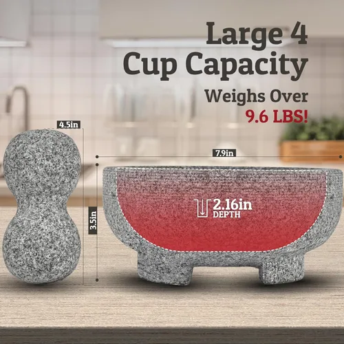Miniatura 5 de Priority Chef Juego de Mortero y Mano de Mortero de Granito - Juego de Molcajete Mexicano de 8 Pulgadas de Piedra Natural para Especias