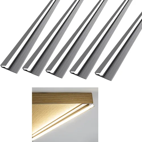 Paquete de 5 perfiles de aluminio lineales LED montados en superficie, barras LED de 45 grados, lámpara oblicua invisible, estante de capa de Gris