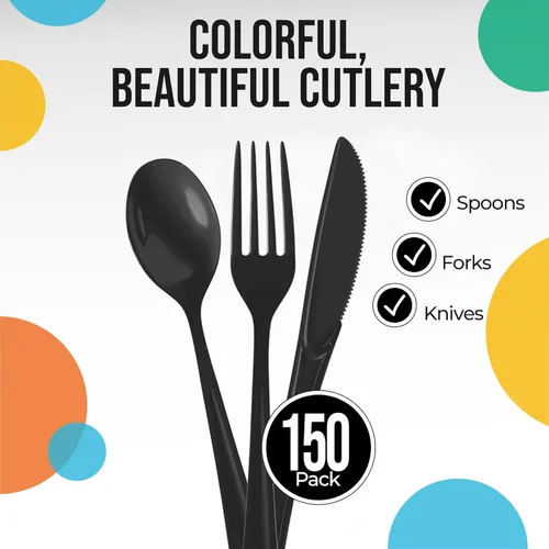 Miniatura 2 de Party Solids Cubiertos de plástico negro resistente, 150 piezas, cubiertos desechables negros, juegos de utensilios, 50 de cada tenedor, cuchillos