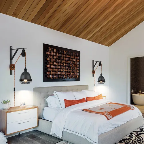 Miniatura 4 de Apliques de pared de granja con polea colgante de pared con enchufe e interruptor marrón de 7 pies, aplique de pared ajustable, pantalla negra arena