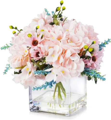 Miniatura 7 de ENOVA FLORAL Flores de hortensias sintéticas con jarrón, mezcla de flores de hortensias falsas y vegetación en jarrón con agua sintética