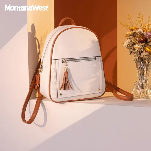 Miniatura 7 de Montana West Mochila mediana para mujer, mochila antirrobo con cremallera segura y borla, Mochila Beige y Marrón, Mochilas de viaje