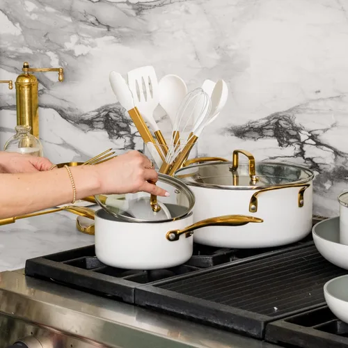 Miniatura 10 de Juego de utensilios de cocina dorados – 6 piezas de silicona blanca y utensilios de cocina dorados con espátula, batidor, pinzas, cucharas, Blanco