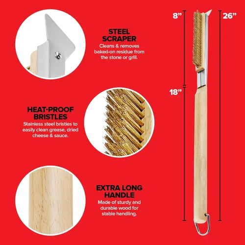 Miniatura 3 de Kit de accesorios esenciales para horno de pizza, incluye mango de madera extralargo, 2 cabezales de cepillo con cerdas de acero inoxidable