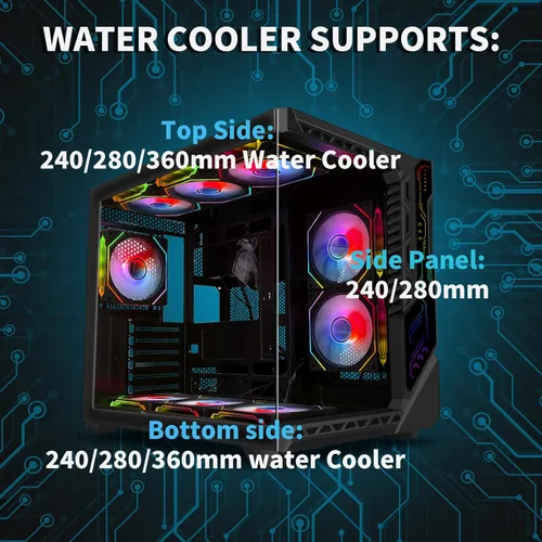Miniatura 3 de SZSKYING Funda para PC ATX Mid-Tower Gaming con 9 ventiladores ARGB con control remoto, vidrio templado, radiador de 14.173 in, tipo C, negro.