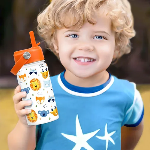 Miniatura 6 de SANDJEST Botella de Agua para Niños con Tapa de Pajita - 12 Oz Botella de Acero Inoxidable Aislada con Dibujo de Animales para Niños y Niñas - Taza