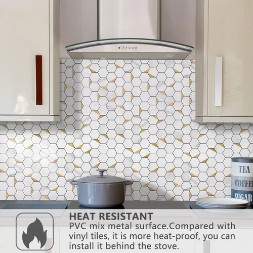 Miniatura 2 de STICKGOO Salpicaduras para pegar y pelar para la cocina, azulejos autoadhesivos hexagonales de mosaico (10 hojas, mármol blanco con metal dorado)