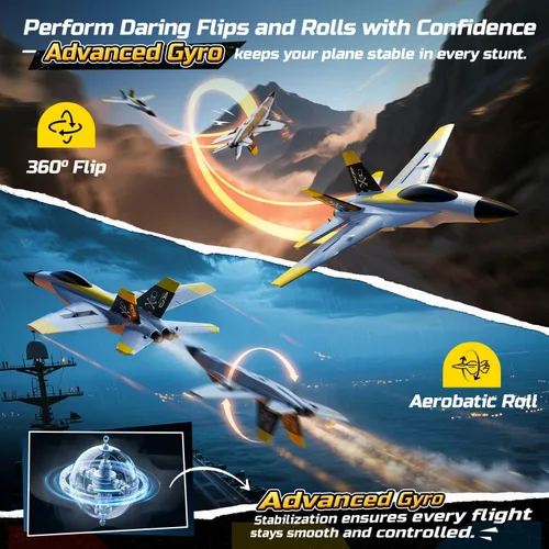 Miniatura 4 de DEERC Avión RC F18 de 4 canales para adultos, control remoto, avión de combate, 2.4 GHz, estabilizador de giroscopio de 6 ejes, RTF Hobby Glider