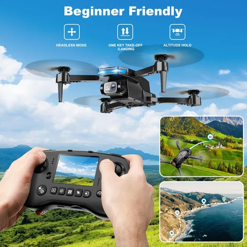 Miniatura 9 de Dron con cámara - Drone con pantalla en el controlador para principiantes, cuadricóptero de control remoto plegable con control de gestos, giro 3D
