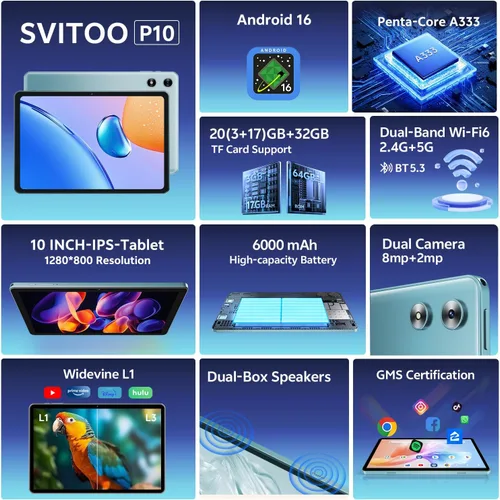 Miniatura 2 de SVITOO Tablet Android de 10 pulgadas, tableta Android 16 para niños y adultos, 20 GB de RAM, 32 GB de almacenamiento, 1 TB expandible, cámaras