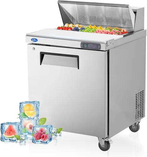 Miniatura 13 de Refrigerador comercial de 3 puertas de 72 pulgadas de ancho, mesa de preparación de ensaladas, refrigerador de acero inoxidable con tabla de cortar
