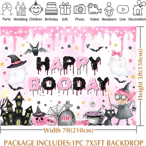 Miniatura 6 de Avezano Telón de fondo rosa de 7 x 5 pies, decoración de fiesta de cumpleaños de Halloween para niñas, suministros de pancartas de Halloween