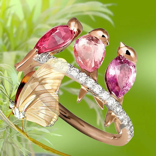 Miniatura 4 de Washranp Exquisito anillo de estilo fresco para mujer, pareja, anillos de amor creativos, 3 pájaros, animales, diamantes de imitación, fiesta
