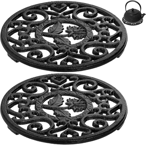 Coloch Paquete de 2 salvamanteles de hierro fundido con clavijas, salvamanteles redondos de metal de 4.6 pulgadas con patrones vintage inoxidables