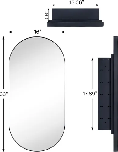 Miniatura 7 de Botiquín de baño empotrado ovalado negro mate con espejo de acero inoxidable con marco de metal oblongo, gabinete de baño con espejo de 16 x 33