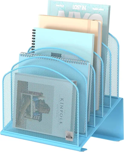 Miniatura 14 de Delifox Organizador de escritorio inclinado, soporte de archivos de 5 secciones con bandeja vertical para carpetas, estante de metal clasificador