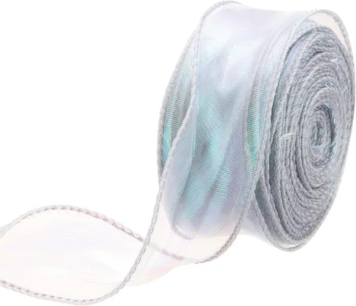 Miniatura 63 de MECCANIXITY - Cinta de organza con cable de 1 1/2" de ancho, brillante, transparente, con brillo irisado en tonos pastel, cinta de gasa para Beige