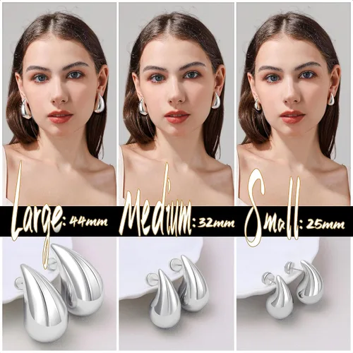 Miniatura 3 de Aretes de aro gruesos de oro para mujer, aretes ligeros de lágrima de plata de ley 925, aretes grandes chapados en oro, aretes de gota de agua