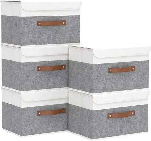 Miniatura 13 de Yawinhe SNK024BEN-1 Cajas de almacenamiento plegables, cestas apilables de tela de lino, contenedor con tapa y asa de cuero, lavable, para el hogar