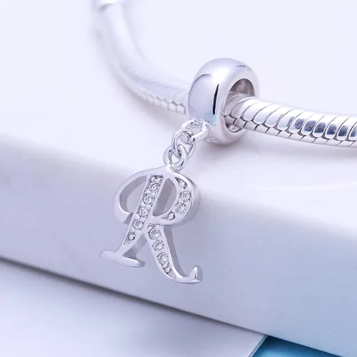 Miniatura 79 de ABUN Abalorio de plata de ley 925 con letra A a la Z, espaciador de inicial, con circonita cúbica transparete colgante, auténtica, para pulseras