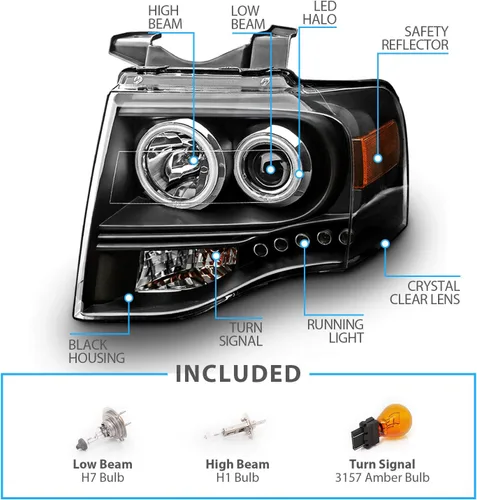 Miniatura 4 de AmeriLite - Faros delanteros de proyector de halo LED Xtreme negros para Ford Expedition 2007-2014, lado del pasajero y del conductor