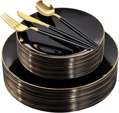 Miniatura 13 de DaYammi Juego de 150 platos de plástico dorado con cubiertos desechables, juego de vajilla desechable de oro blanco, 30 platos llanos, 30 platos