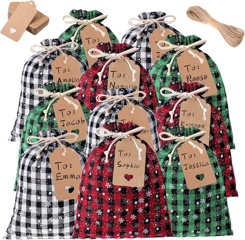 Miniatura 17 de Shappy 24 bolsas de Navidad con cordón, bolsas de arpillera a cuadros de Navidad, bolsas de lino con cuerda de 32.8 pies, 24 tarjetas