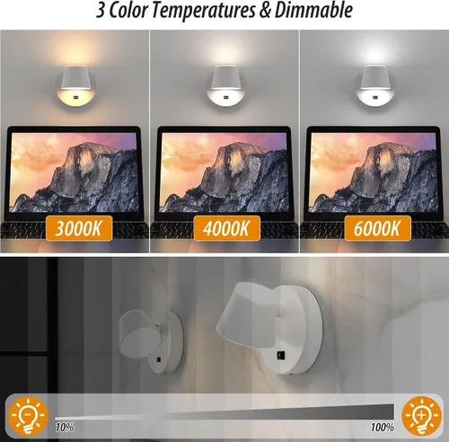 Miniatura 6 de URSOLA Aplique de pared que funciona con pilas con control remoto, lámpara de pared recargable con batería LED de 9000mAh, 3CCT y ajustable