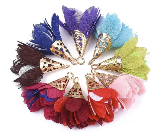 Miniatura 8 de Cheriswelry Colgantes de flores de tela de tela con pétalos florales con tapa dorada para aretes de bricolaje, llavero, fabricación de joyas