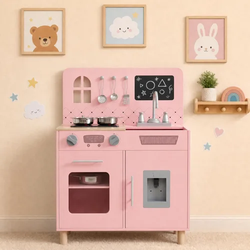 Miniatura 11 de Arlopu Juego de cocina de madera para niños con pizarra, luces y sonidos realistas, cocina interactiva con estufa, dispensador de agua, 6 utensilios