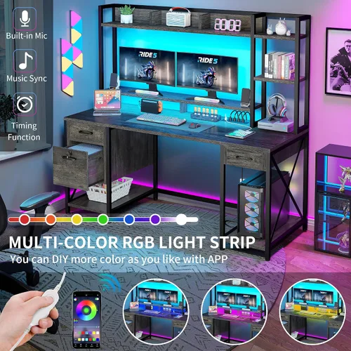 Miniatura 4 de DWVO Escritorio para computadora con cajones y gabinete, escritorio de oficina de 59.1 pulgadas con tomas de corriente y luces LED, escritorio