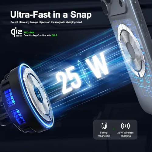 Miniatura 8 de Cargador de coche inalámbrico rápido Qi2 de 25 W con ventilador de enfriamiento, soporte para teléfono con brazo largo ajustable, soporte magnético
