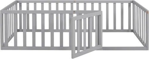 Miniatura 6 de Cama Montessori de suelo individual con puerta y valla para niños, marco de cama Montessori bajo de madera maciza con barandillas de seguridad