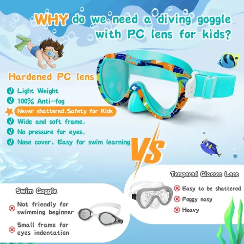 Miniatura 5 de Gafas de natación para niños con cubierta para la nariz, máscara de esnórquel panorámica de 180° con diseño antivaho y antifugas, correa de tela