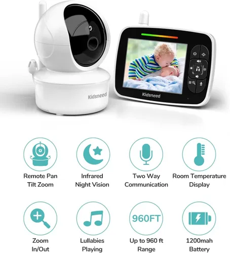 Miniatura 2 de Monitor de bebé – Monitor de bebé de 3.5 pulgadas con cámara y audio, panorámica remota/inclinación/zoom, batería de 1200 mAh