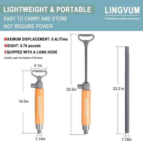 Miniatura 3 de Bomba de sentina manual para kayak, canoa y barco, bomba de agua manual de sifón portátil de 17 pulgadas para kayaks con manguera reversible, naranja