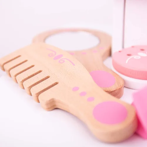 Miniatura 5 de Bigjigs Toys Estuche de madera para niños, kit de tocador de 11 piezas y accesorios con bolsa de transporte de lunares rosados, juguete ideal