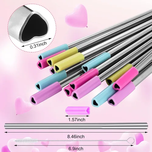 Miniatura 2 de Jutom Paquete de 16 pajitas de metal con forma de corazón, reutilizables, de acero inoxidable con puntas de silicona, lindas con 2 cepillos