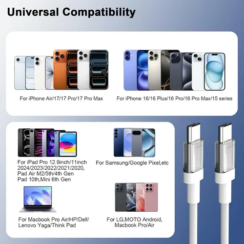 Miniatura 7 de Cable USB C a USB C de 3 pies 100 W, cable de carga rápida tipo C para iPhone 17e 17 16 Pro Max 15/iPad Pro 10 11/MacBook Air, para Samsung S26 S25