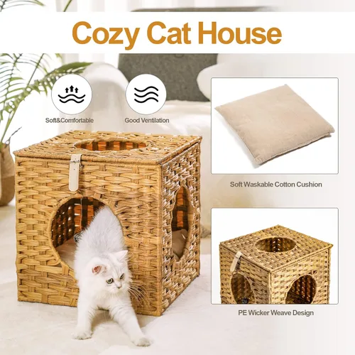 Miniatura 3 de Mewoo Ratten Cat House Condominio con ratán interactivo de bola colgante * 4 juguetes y cojín de algodón, cama cerrada de mimbre para gatos